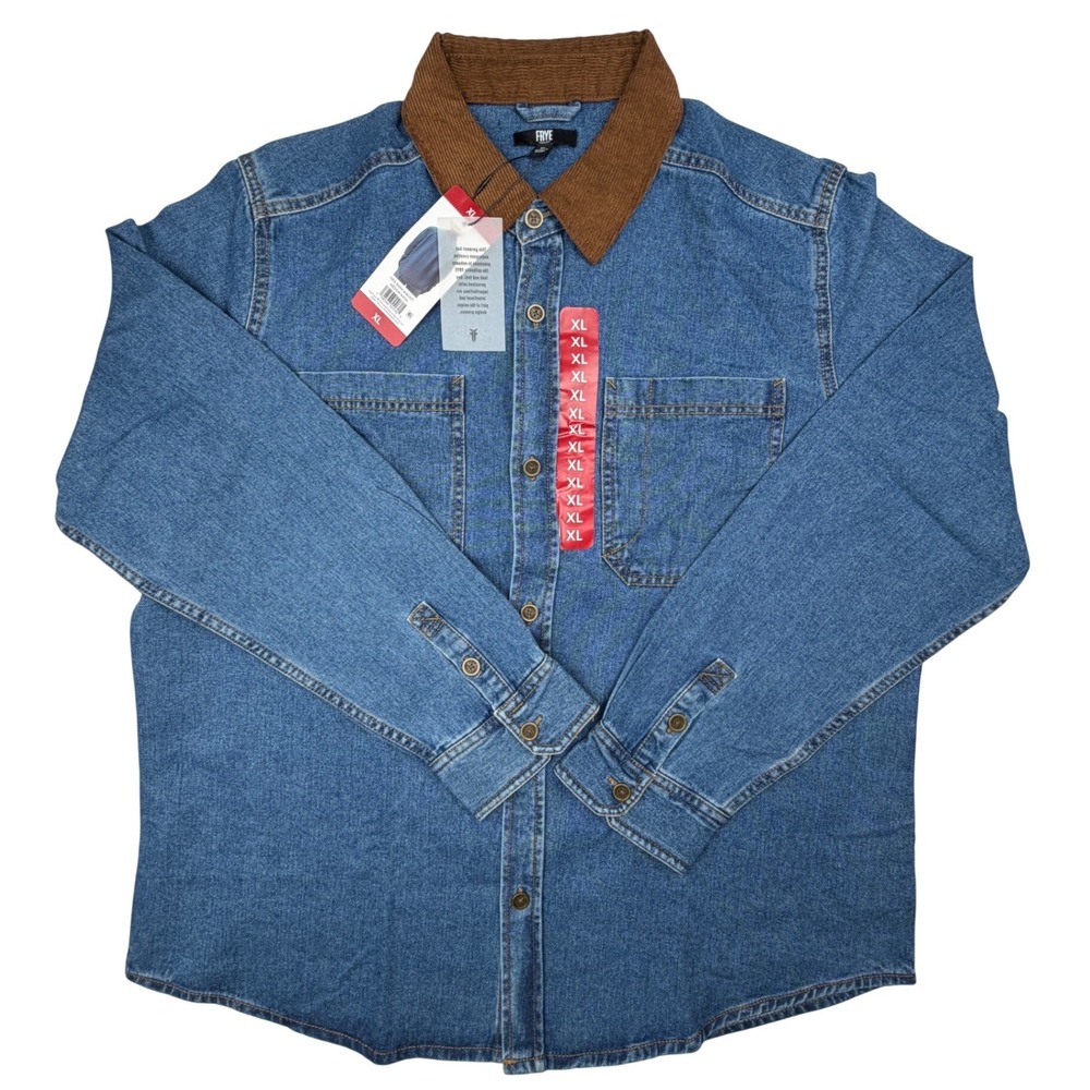 FRYE Barn Shacket Mens XL Blue Denim Corduroy Collar Shirt Jacket NEW